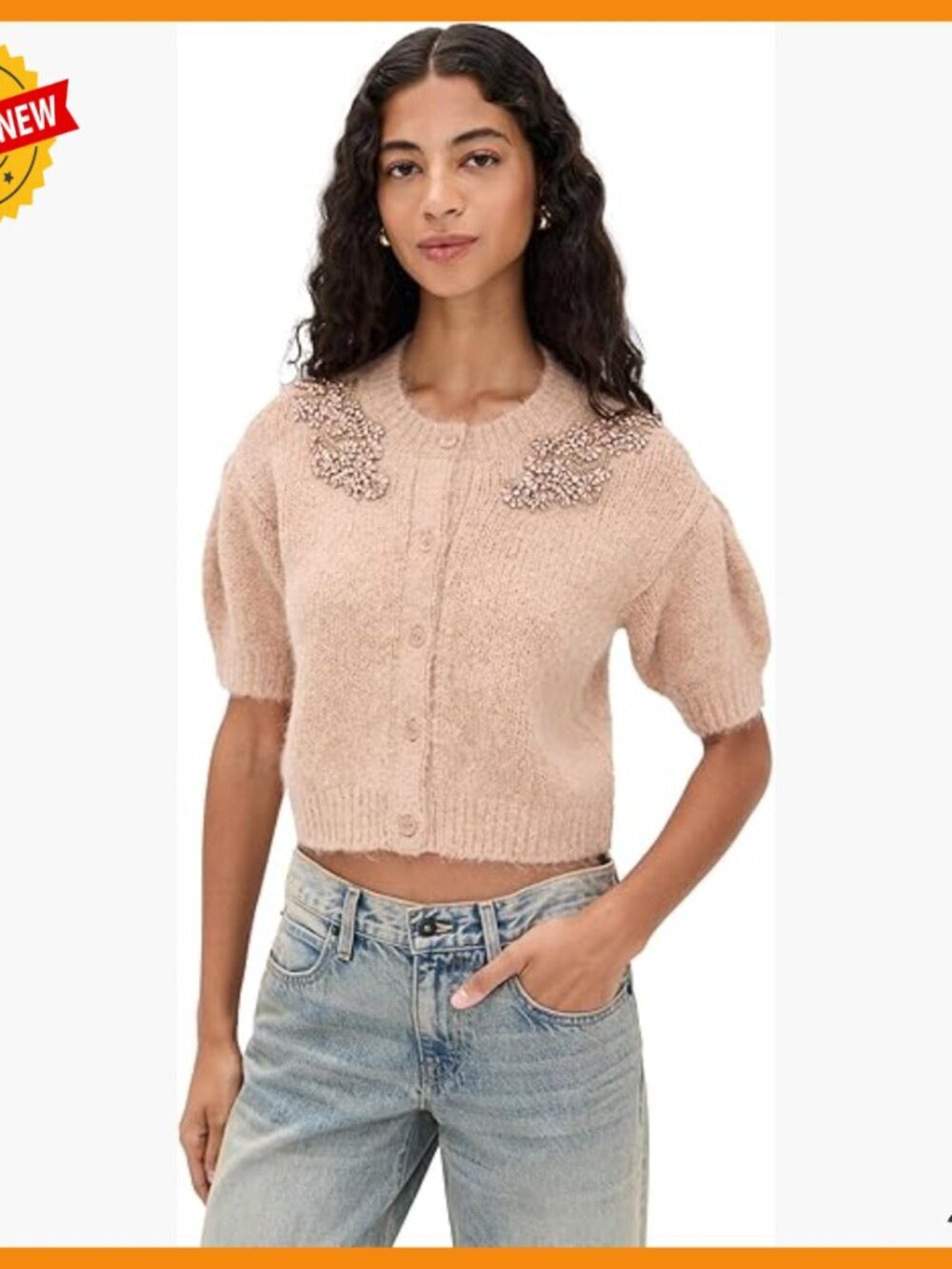 Women's Cardigan with Puff Sleeves, Button Front, Ribbed Details